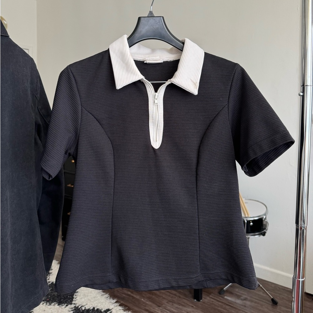 Bobbie Brooks Black and White Fitted Polo Tee